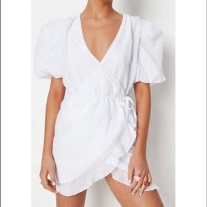 Missguided white plaid organza puff sleeve wrap dress